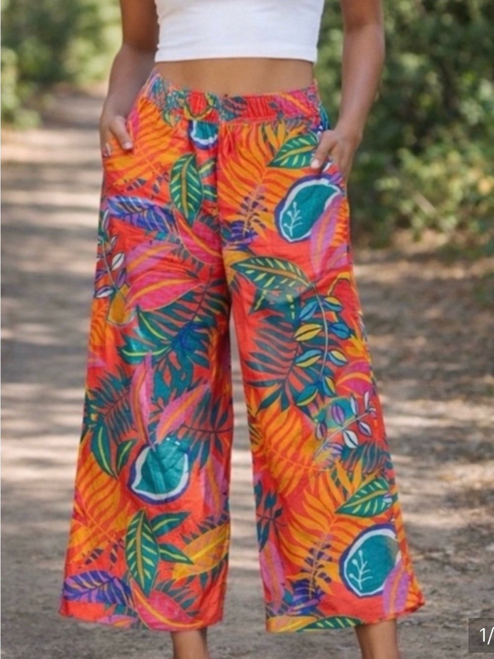 C&C California Womens 100% Linen Tropical Print Wide-Leg Pants Size M Elastic Wa